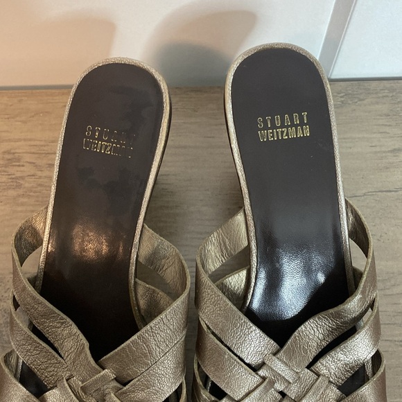 Stuart Weitzman | Dark Bronze Leather Woven Heeled Sandals - Clog Stud Style - 8 - Picture 2 of 8